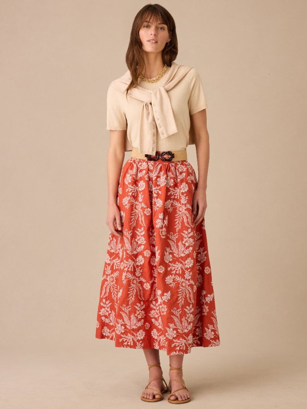 J McLaughlin Winnie Linen Blend Embroidered Skirt - Rust/Off White NEW